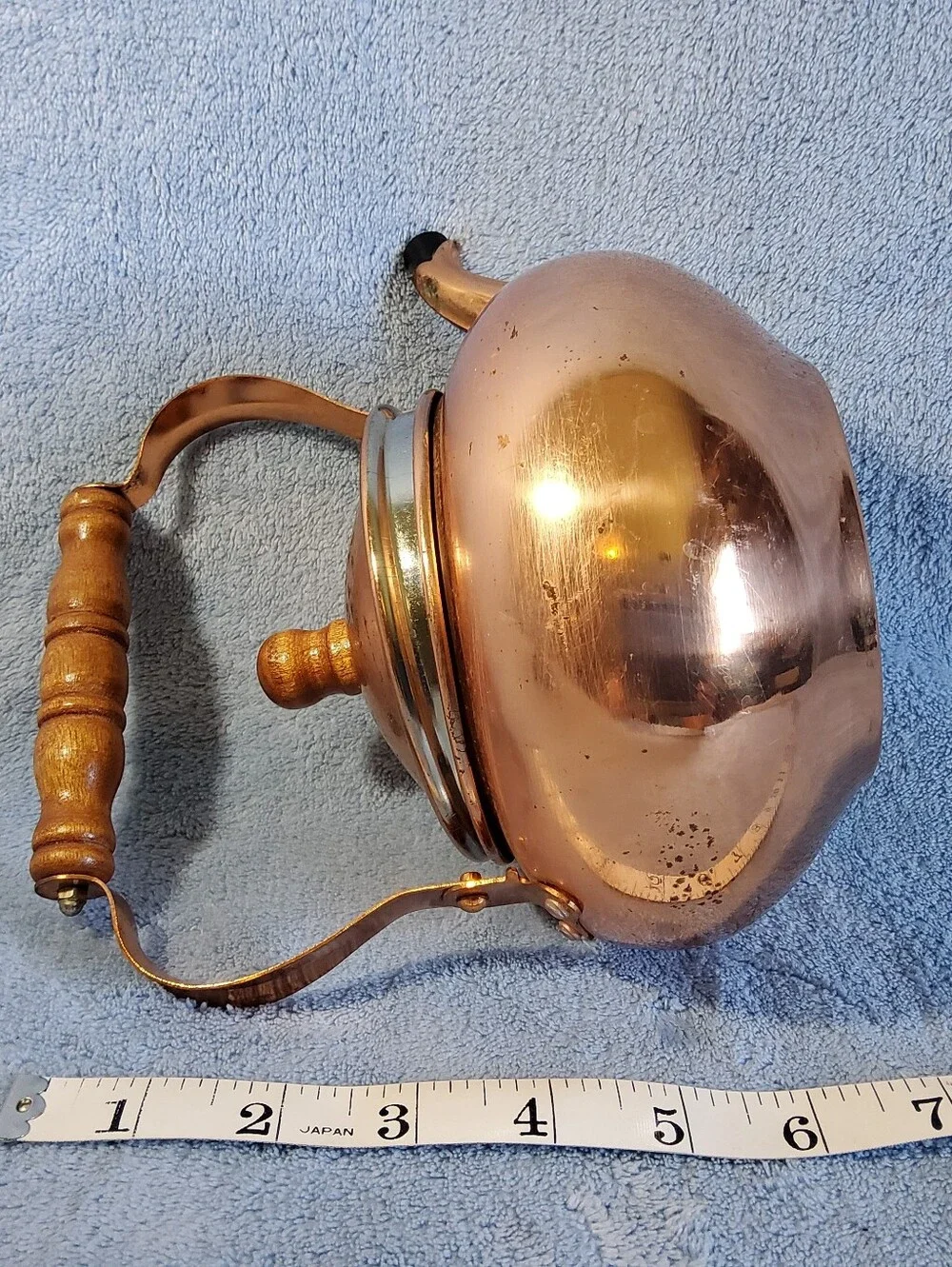Vintage 1984 Copper Tea Kettle Taiwan FTDA Wood Handle Farmhouse Cottagecore